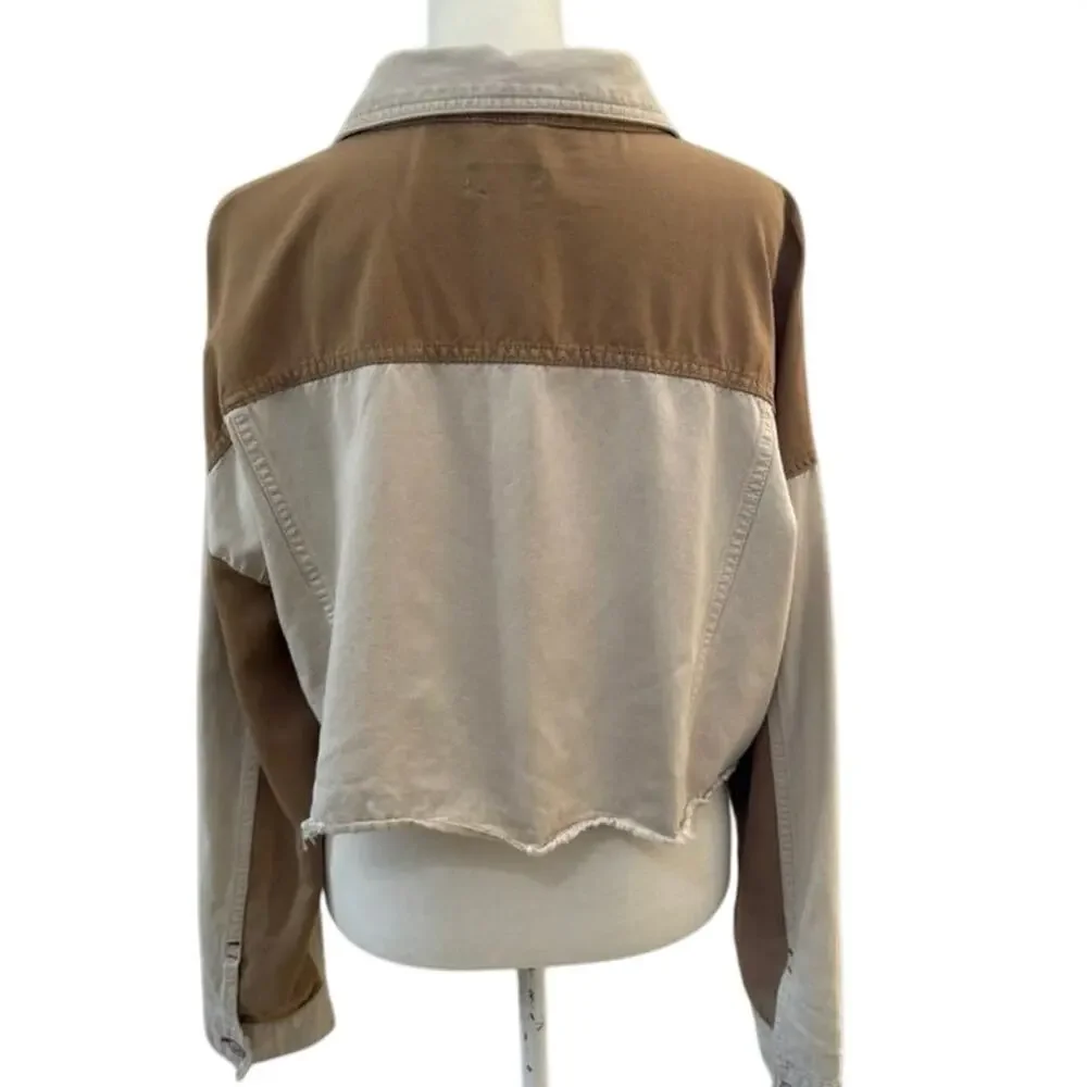 Tommy Jeans Two Tone Cropped Denim Jacket Tan Beige Retro 90s Inspired XL - Picture 3 of 7